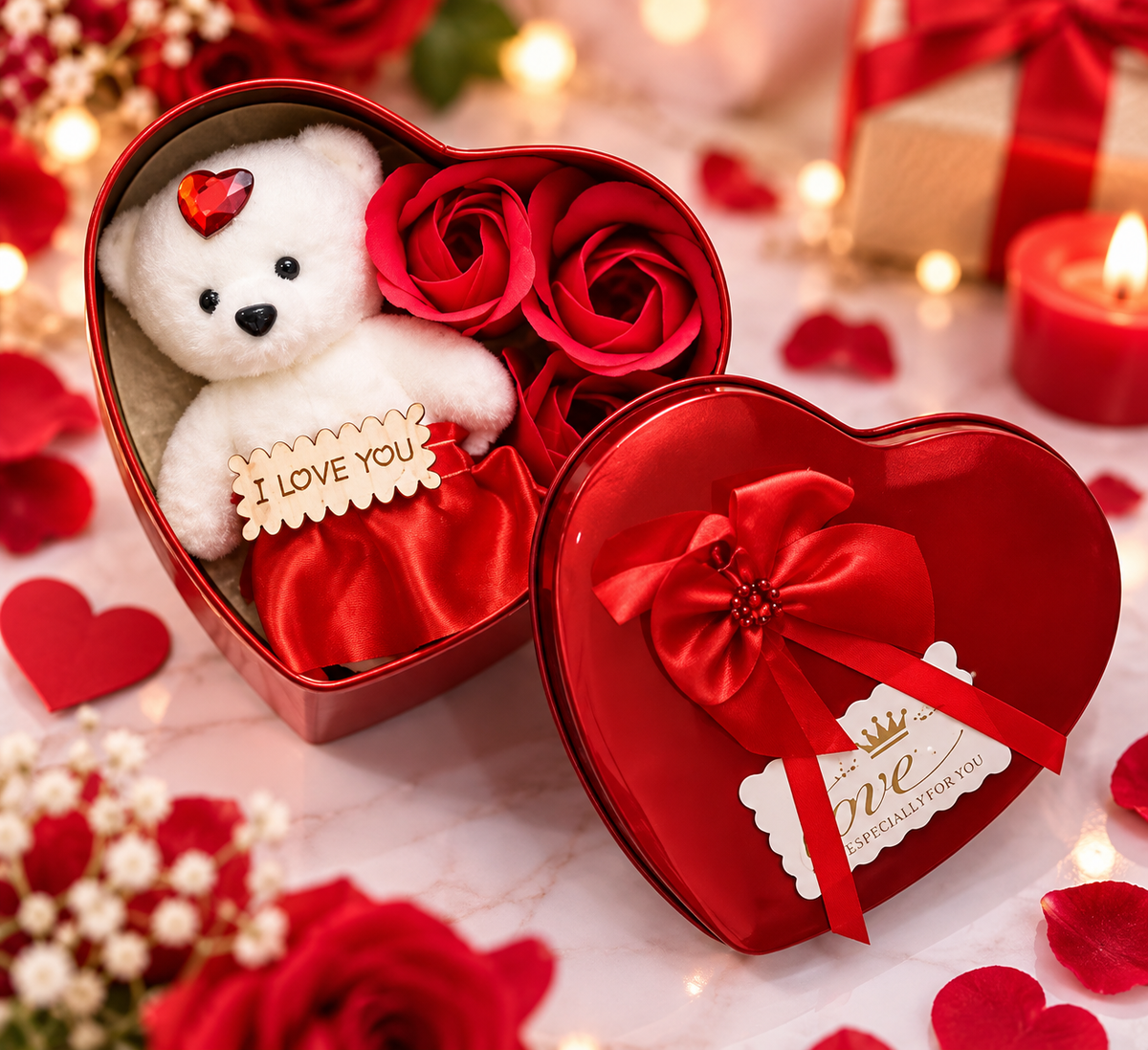 Heart Shaped Valentine Gift Box with White Teddy Bear & 3 Red Roses